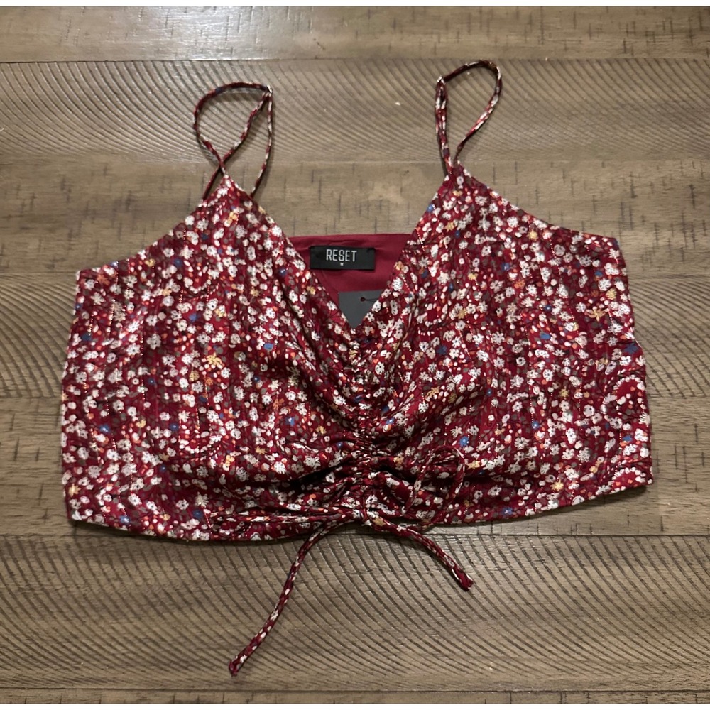 NWT Reset by Jane Floral Ruched Crop Top -‎ Red/Gold Metallic - Medium